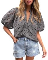 Blusa PRETTYGARDEN Decote V com Renda Vazado Cinza Escuro XXL