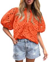 Blusa PRETTYGARDEN Decote V com Renda Vazado Laranja G