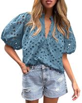 Blusa PRETTYGARDEN Feminina Azul M com Decote V e Bordado em Renda Blusa PRETTYGARDEN Feminina Azul M com Decote V e Bordado em Renda
