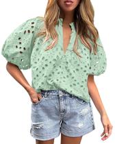 Blusa PRETTYGARDEN Feminina com Decote V, Renda Vazado, Manga Curta Lanterna, Tamanho S, Verde