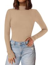 Blusa PRETTYGARDEN Gola Alta Canelada Manga Longa Caqui M Blusa PRETTYGARDEN Gola Alta Canelada Manga Longa Caqui M