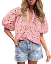 Blusa PRETTYGARDEN Rosa com Renda, Decote V, Manga Curta, Tamanho XL