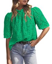 Blusa PRETTYGARDEN Summer Eyelet bordada verde para mulheres Blusa PRETTYGARDEN Summer Eyelet bordada verde para mulheres