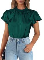 Blusa PRETTYGARDEN Verano 2025 Satén Volantes Verde Oscuro S