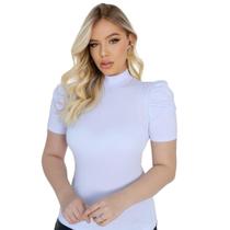 Blusa Princesa Básica Feminina Gola Alta Manga Bufante Malha Suplex Lisa Branco