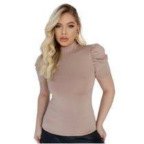 Blusa Princesa Básica Feminina Gola Alta Manga Bufante Malha Suplex Lisa Nude