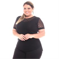 Blusa Pus Size Feminina Manga Curta Detalhe em Tule Blusinha Viscose Soltinha Verão Gola Redonda