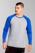 Blusa Raglan Manga Longa Cinza Mescla com Azul 100% Poliéster - Estilo Casual