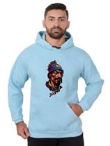 Blusa Rapper Moletom Masculina Desenho 3D Com Bolso e Capuz Azul Céu