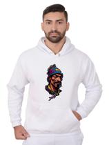 Blusa Rapper Moletom Masculina Desenho 3D Com Bolso e Capuz Branco Blusa Rapper Moletom Masculina Desenho 3D Com Bolso e Capuz Branco