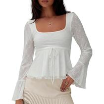 Blusa Raruxxin Y2K com babados de renda Babydoll Peplum de manga comprida feminina Blusa Raruxxin Y2K com babados de renda Babydoll Peplum de manga comprida feminina