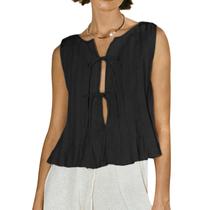 Blusa regata coquete plissada de linho peplum preta Blusa regata coquete plissada de linho peplum preta