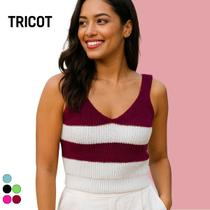 Blusa Regata Cropped Tricot Feminino Gola V com Detalhe Bicolor Moderno
