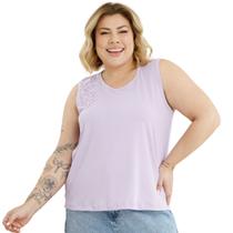 Blusa Regata Plus Size Poliamida Canelada Renda Floral Detalhe Alça Larga Básica 45724