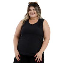 Blusa Regata Plus Size Poliamida Canelada Renda Floral Detalhe Alça Larga Básica 45724