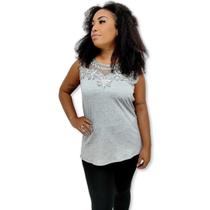 Blusa Regata Renda No Decote Malha Viscolycra