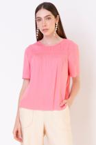 Blusa rosa viscose de jacquard manga curta det. lastex decote fecho botão 100% viscose