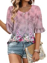Blusa ROSELINLIN com estampa floral de manga 3/4 para mulheres rosa S