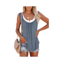 Blusa Sem Mangas Feminina Com Patchwork, Camiseta Plissada De Cor Sólida, Verão 2024 - NONE
