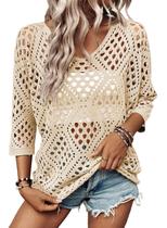 Blusa SHEWIN de Crochê Leve com Decote V e Manga 3/4 Bege Blusa SHEWIN de Crochê Leve com Decote V e Manga 3/4 Bege
