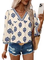 Blusa SHEWIN de manga 3/4 floral com decote em V azul claro XL