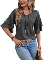 Blusa Sialois de manga 3/4 com babados com decote em V feminina cinza XXL Blusa Sialois de manga 3/4 com babados com decote em V feminina cinza XXL