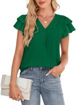 Blusa SimpleFun Dressy Casual Office, manga folhada, decote em V, verde Blusa SimpleFun Dressy Casual Office, manga folhada, decote em V, verde