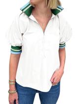Blusa Skoinvb Summer para mulheres com meio zíper e decote em V, bloco colorido Blusa Skoinvb Summer para mulheres com meio zíper e decote em V, bloco colorido