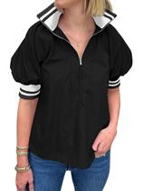 Blusa Skoinvb Summer para mulheres com meio zíper e decote em V, bloco colorido Blusa Skoinvb Summer para mulheres com meio zíper e decote em V, bloco colorido