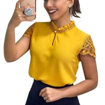 Blusa Social Evangélica Feminina Guipir Renda Gola Pérolas