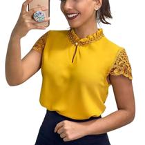 Blusa Social Evangélica Feminina Guipir Renda Gola Pérolas