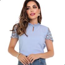 Blusa Social Evangélica Feminina Renda Gola Pedrinhas