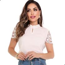 Blusa Social Evangélica Feminina Renda Gola Pedrinhas