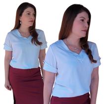 Blusa Social Feminina Camisa Manga Curta Botões Encapados Viscolinho