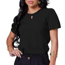 Blusa Social Feminina Crepe Manga Curta Bufante Gola Trança