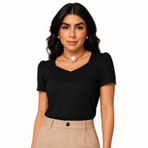 Blusa Social Feminina Manga Curta Bufante Decote Princesa Crepe Elegante M G GG -