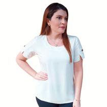 Blusa Social Feminina Manga Curta Detalhe Botão Tecido Viscolinho