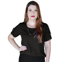 Blusa Social Feminina Manga Curta Detalhe Botão Tecido Viscolinho