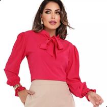 Blusa Social Feminina Manga Longa Bufante com Gola de Laço