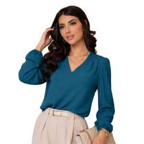 Blusa Social Feminina Manga Longa Bufante Gola V Elegante -