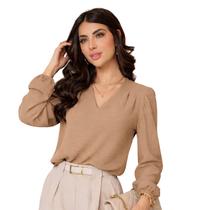Blusa Social Feminina Manga Longa Bufante Gola V Elegante -
