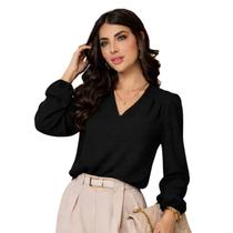 Blusa Social Feminina Manga Longa Bufante Gola V Elegante -
