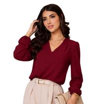 Blusa Social Feminina Manga Longa Bufante Gola V Elegante -
