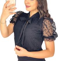 Blusa Social Feminina Manga Princesa Tule Poa Com Gola Laço