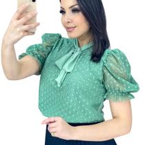 Blusa Social Feminina Manga Princesa Tule Poa Com Gola Laço