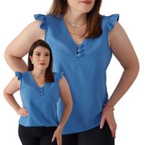 Blusa Social Regata Babado Bufante Feminina Botões Tecido Viscolinho