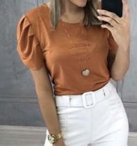 Blusa suede gola rasa bufante novidade feminina