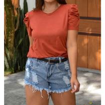 Blusa suede gola rasa bufante tendencia feminina