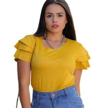 Blusa suede macia feminina gola rasa manga três babados