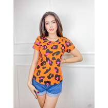 Blusa T-shirt animal print manga curta gola rasa moda feminina